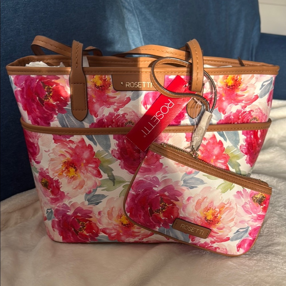 Rosetti Floral Tote Bag with Pouch - Pink and Brown